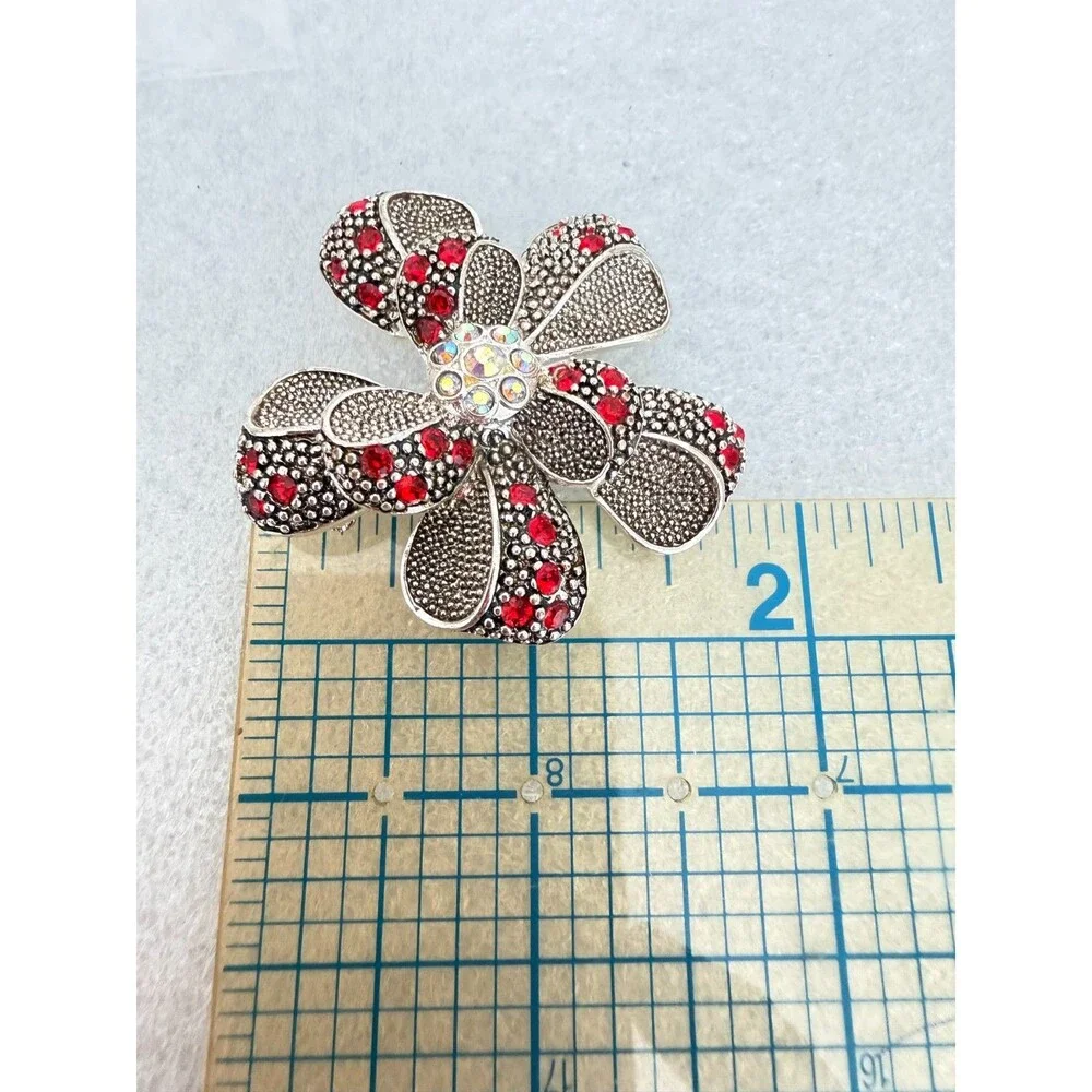 Vintage Silver Tone Textured Flower Brooch Pin Red AB Rhinestone Center